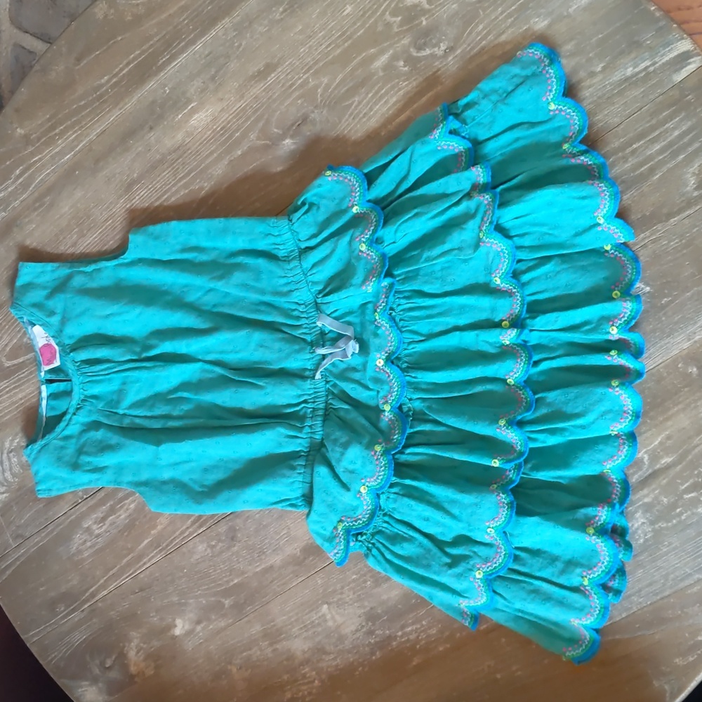 Size 7-8 Mini Boden lined cotton green dress with tiered embroidered skirt